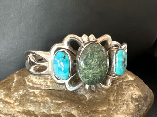 Kingman Turquoise Navajo Cuff Bracelet | Sterling Silver Tufa Cast | Authentic Native American Handmade | 16785