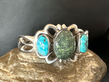 Kingman Turquoise Navajo Cuff Bracelet | Sterling Silver Tufa Cast | Authentic Native American Handmade | 16785