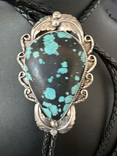 Men's Blue Spiderweb Turquoise Bolo Tie | Navajo Sterling Silver | Authentic Native American Handmade | 15008