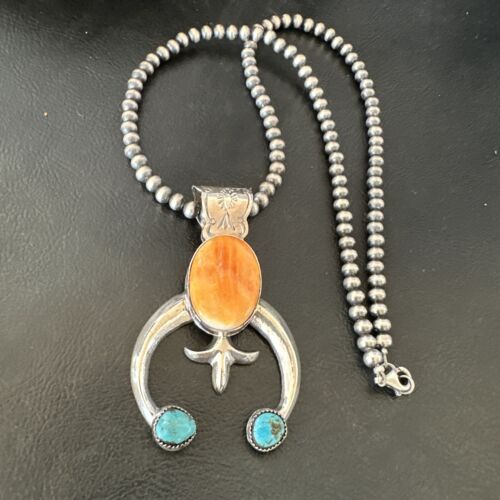 Navajo Blue Turquoise Orange Spiny Oyster Naja Pendant | Sterling Silver | Native American Handmade | 16410