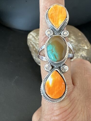 Navajo Green Turquoise Spiny Oyster Multi-Stone Ring | Authentic Native American Sterling Silver | Sz 11 | 16728