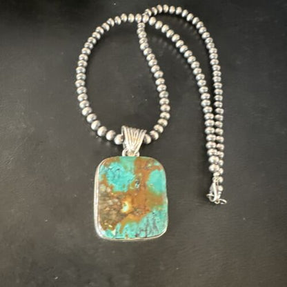 Navajo Blue Spiderweb Turquoise Pendant | Sterling Silver Necklace with Pearls | Authentic Native American Handmade | 15569
