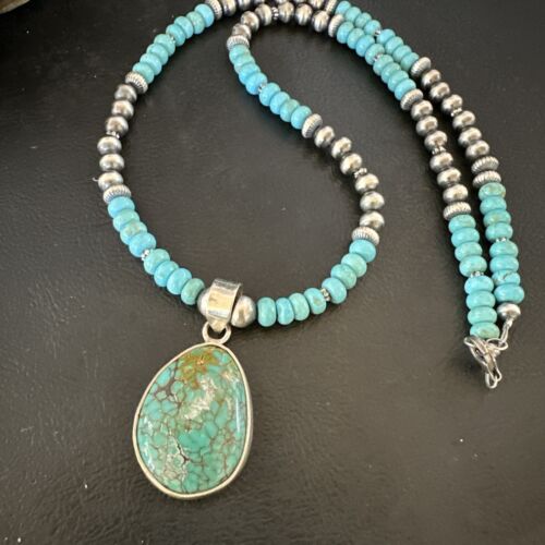 Navajo Blue Spiderweb Turquoise Pendant Necklace | Sterling Silver | Authentic Native American Handmade | 16936
