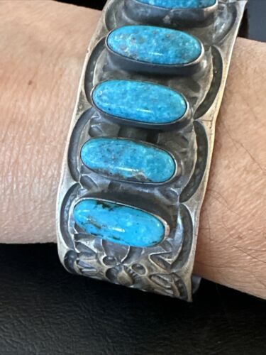 XL Men's Kingman Turquoise 5 Stone Cuff Bracelet | Navajo Sterling Silver | Authentic Native American Handmade | 15858