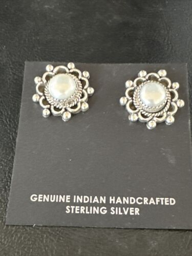 Navajo White Pearl Post Stud Earrings | Sterling Silver | Authentic Native American Handmade | 15329