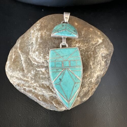 Navajo Sterling Silver Pendant with Gorgeous Blue Turquoise Inlay | Authentic Native American | 3.25" | 15178