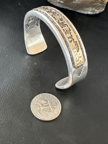 Navajo Sterling Silver Cuff Bracelet | 12K Gold Pueblo Stamped by V Hicks | Authentic Native American Handmade | 15989