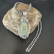 Navajo Blue Turquoise #8 Pendant | Sterling Silver Necklace with Pearls | Authentic Native American Handmade | 15904