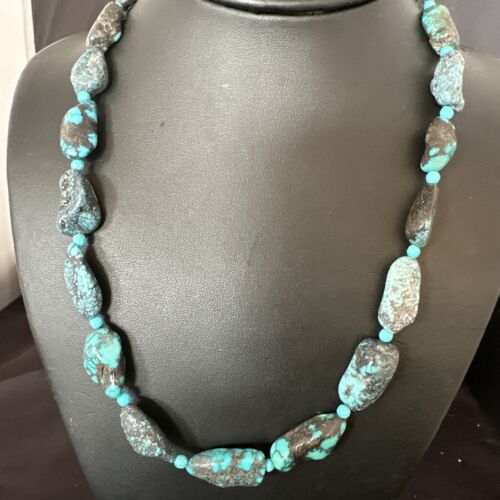 Navajo Blue Nugget Turquoise Bead Necklace | Sterling Silver Pearls | 20" | Authentic Native American Handmade | 16001