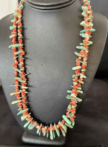Navajo Green Turquoise Coral Stick Bead Necklace | Sterling Silver | 22" | Authentic Native American Handmade | 17255