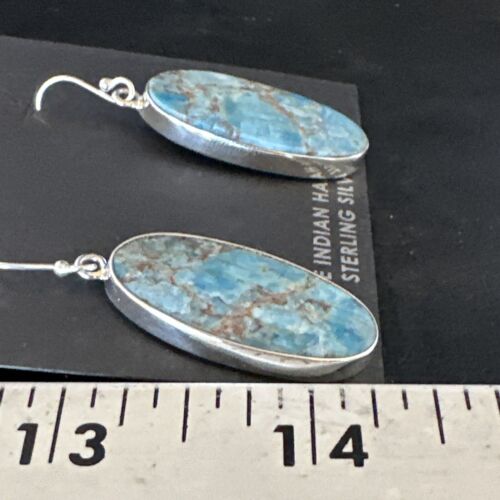 Navajo Blue Turquoise Dangle Earrings | Sterling Silver | Authentic Native American Handmade | 15429