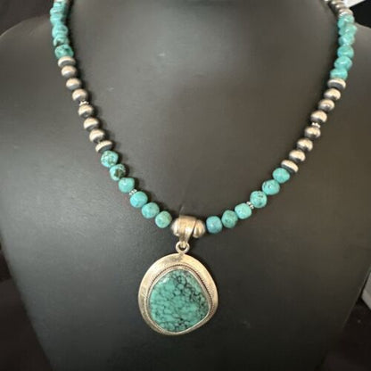 Men's Blue Spiderweb Turquoise Pendant Necklace | Navajo Sterling Silver | Authentic Native American Handmade | 17085