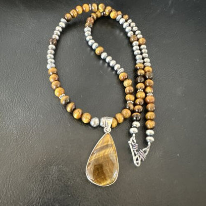 Southwestern Coffee Brown Tiger's Eye Pendant Necklace | Sterling Silver | 15863