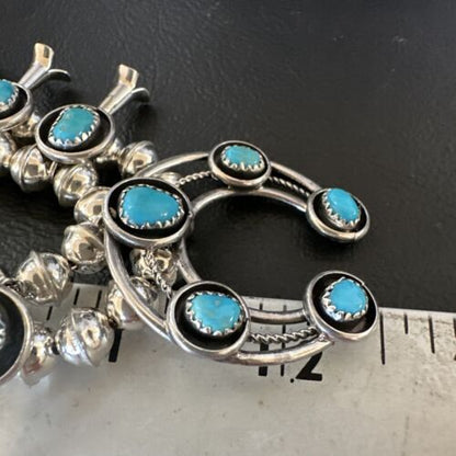 Navajo Kingman Turquoise Squash Blossom Necklace | Sterling Silver | 17" | Authentic Native American Handmade | 16110