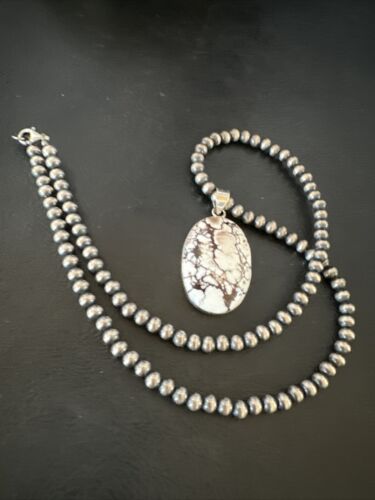 Navajo Wild Horse Turquoise Pendant Necklace | Sterling Silver Pearls | Authentic Native American Handmade | 15716