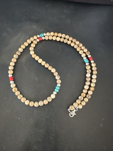 Navajo Turquoise Coral Picture Jasper Necklace | Sterling Silver | 24" | Authentic Native American Handmade | 17607