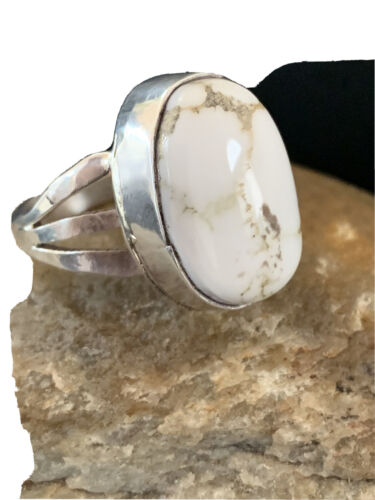 Navajo White Buffalo Turquoise Ring | Sterling Silver | Sz 9.5 | Authentic Native American Handmade | 1446
