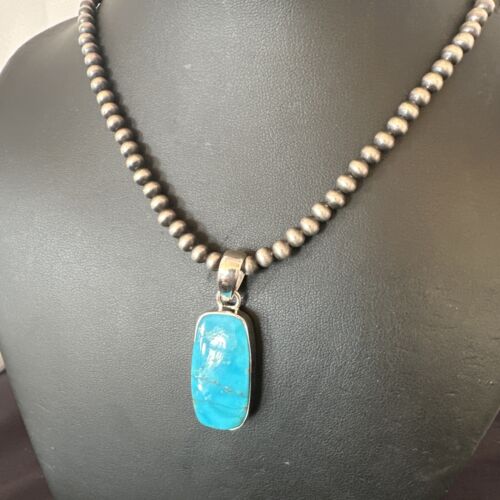 Navajo Blue Kingman Turquoise Pendant Necklace | Sterling Silver | 20" | Authentic Native American Handmade | 16701