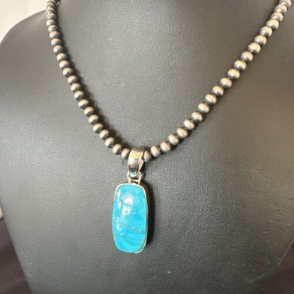 Navajo Blue Kingman Turquoise Pendant Necklace | Sterling Silver | 20" | Authentic Native American Handmade | 16701