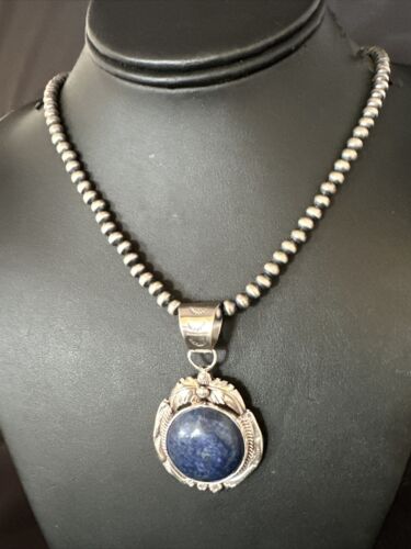 Men's Denim Lapis Lazuli Pendant Necklace | Navajo Beads | Sterling Silver | Authentic Native American Handmade | 14884
