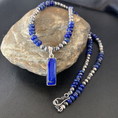 Navajo Blue Lapis Pendant with Pearls | Sterling Silver Necklace | Authentic Native American Handmade | 16934