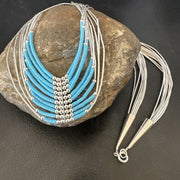 Navajo Blue Turquoise Necklace | 10-Strand | Sterling Liquid Silver Tube Heishi | 22" | 16449