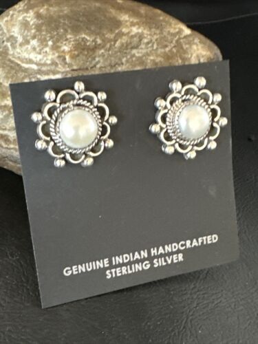 Navajo White Pearl Post Stud Earrings | Sterling Silver | Authentic Native American Handmade | 15329