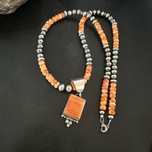 Navajo Pearls Necklace with Orange Spiny Oyster Pendant | Sterling Silver | Authentic Native American Handmade | 17050