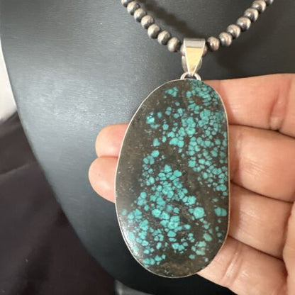 Navajo Blue Spiderweb Turquoise Pendant Necklace | Sterling Silver Pearls | Authentic Native American Handmade | 15568