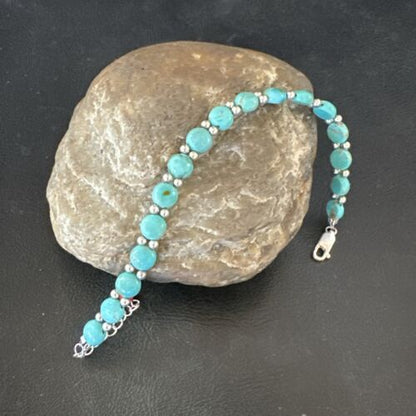 Women's Blue Turquoise Bead Bracelet | Southwestern Sterling Silver Link | 8" | 17498