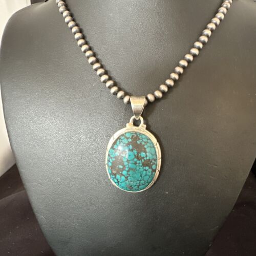 Men's Navajo Blue Spiderweb Turquoise Pendant Necklace | Sterling Silver | Authentic Native American Handmade | 16196