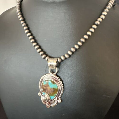 Navajo Blue Turquoise Pendant Necklace | Sterling Silver Pearls | Authentic Native American Handmade | 15655