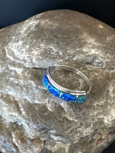 Navajo Blue Opal Inlay Ring | Sterling Silver | Sz 7.5 | Authentic Native American Handmade | 16433