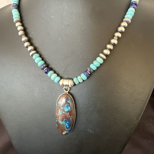 Navajo Blue Turquoise Jasper Lapis Inaly Pendant Necklace | Sterling Silver | 16926