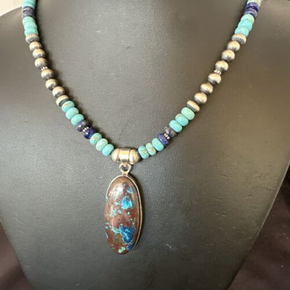 Navajo Blue Turquoise Jasper Lapis Inaly Pendant Necklace | Sterling Silver | 16926