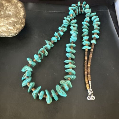 Navajo Blue Kingman Nugget Turquoise Necklace | Sterling Silver | 36" | Authentic Native American Handmade | 15286