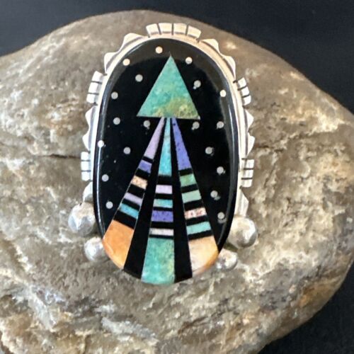 Navajo Green Turquoise Spiny Oyster Inlay Ring | Sterling Silver | Sz 7.5 | 16333