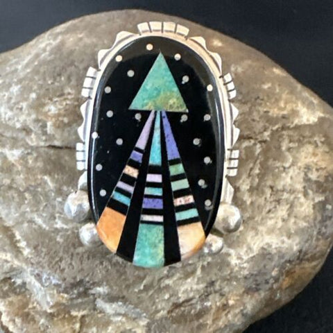 Navajo Green Turquoise Spiny Oyster Sterling Silver Ring Inlay Size 7.5 16333