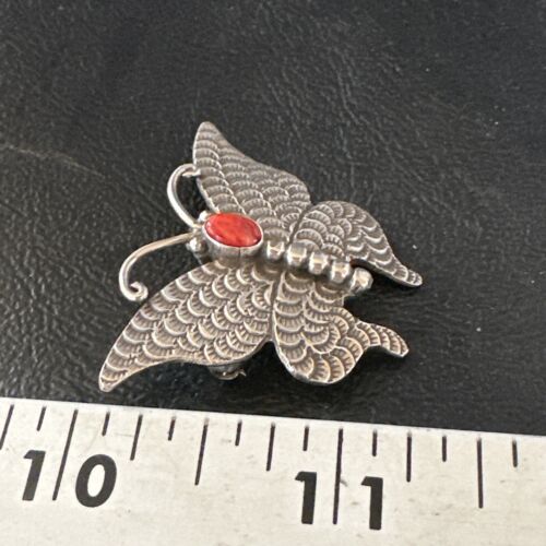 Navajo Butterfly Red Coral Pin Pendant | Sterling Silver | 1.25" | Authentic Native American Handmade | 15235