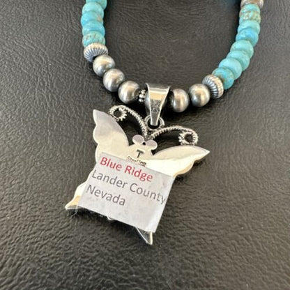 Navajo Butterfly Blue Ridge Turquoise Inlay Pendant Necklace | Sterling Silver | Authentic Native American Handmade | 16642
