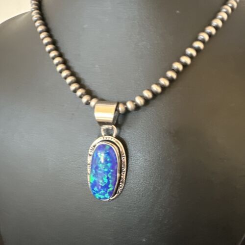 Men's Women's Blue Fire Opal Navajo Pendant | Sterling Silver | Authentic Native American Handmade | 16482