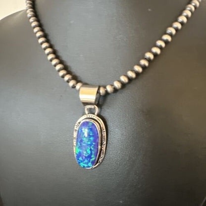Men's Women's Blue Fire Opal Navajo Pendant | Sterling Silver | Authentic Native American Handmade | 16482