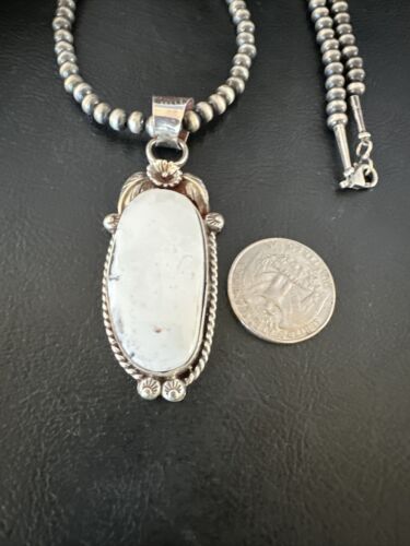 Navajo White Buffalo Turquoise Pendant Necklace | Sterling Silver | Authentic Native American Handmade | 15616