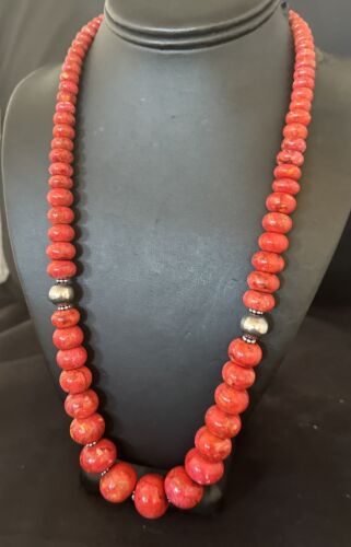 Authentic Navajo Sterling Silver Necklace | Apple Sponge Coral Graduated Beads | 25" | Native American Jewelry | 16815