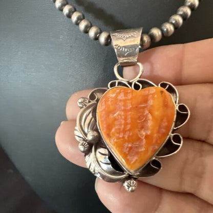Navajo Orange Spiny Oyster Heart Pendant Necklace | Sterling Silver | Authentic Native American Handmade | 16552