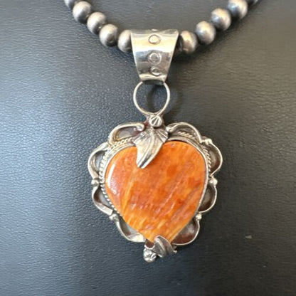 Navajo Orange Spiny Oyster Heart Pendant Necklace | Sterling Silver | Authentic Native American Handmade | 16298