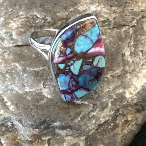 Navajo Blue Turquoise Purple Spiny Oyster Ring | Sterling Silver | Sz 8 | Authentic Native American Handmade | 16625