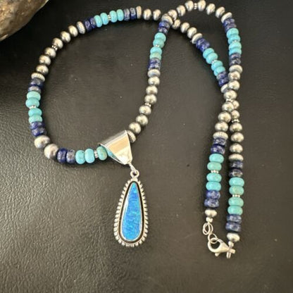 Navajo Opal Inlay Pendant with Turquoise & Lapis | Sterling Silver Necklace | Authentic Native American Handmade | 16848