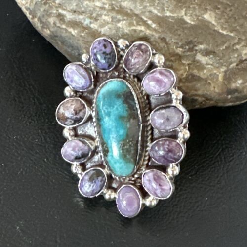 Navajo Kingman Turquoise Charoite Ring | Authentic Native American Sterling Silver | Multi-Stone | Sz 10 | 17181