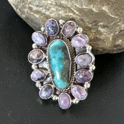 Navajo Kingman Turquoise Charoite Ring | Authentic Native American Sterling Silver | Multi-Stone | Sz 10 | 17181